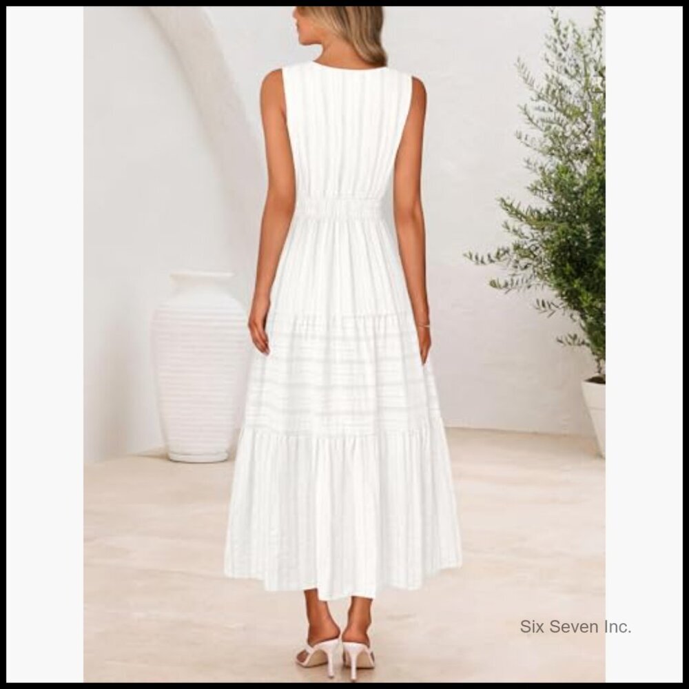 Cotton Jacquard Midi Dress Sleeveless V Neck Pockets Casual - Picture 3 of 7